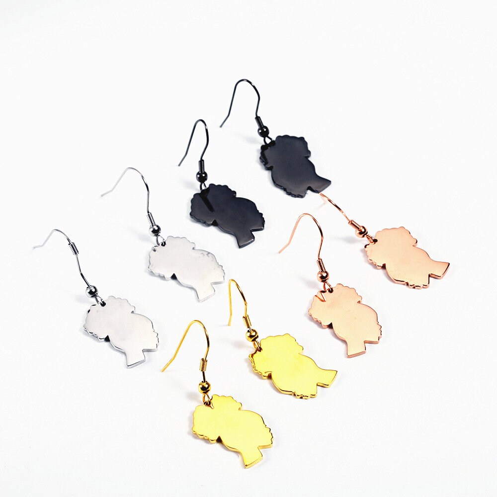 Dainty 18KT Gold Plated Afro American Girl Silhouette Earrings, Afro Puff Earrings, Gold Dainty Hoop Earrings